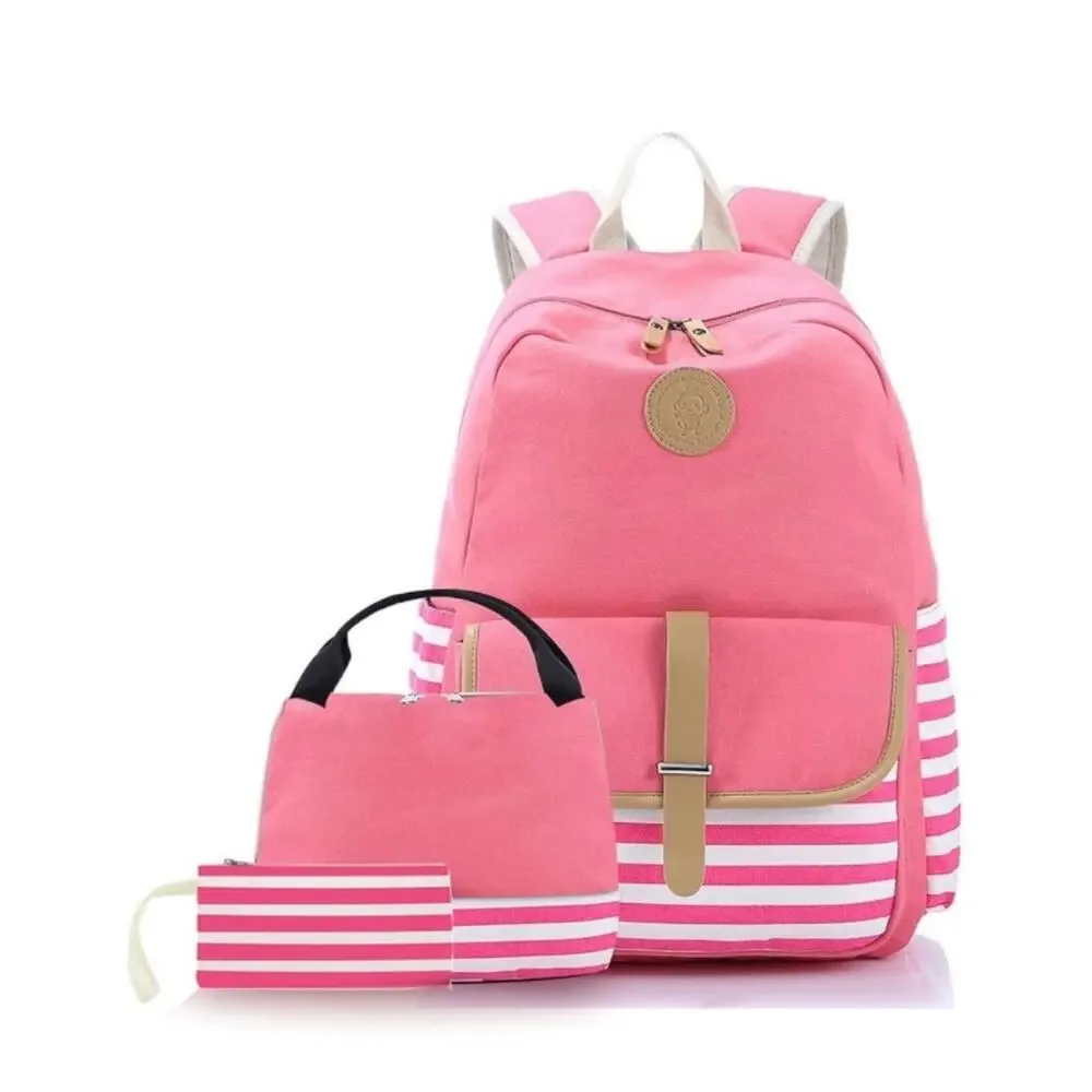 3-Piece Pink Backpack Set – Striped School Bag, Lunch‎ Bag & Pencil Case NEW